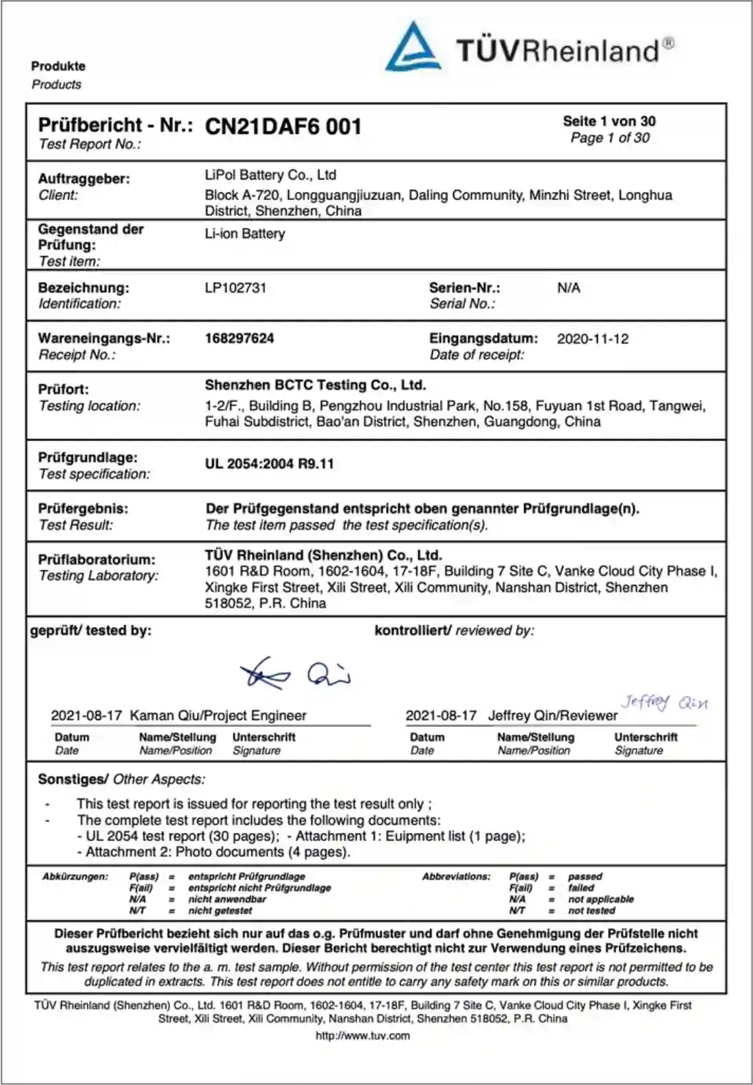 TUV Certificate LiPol Battery Co. Ltd.